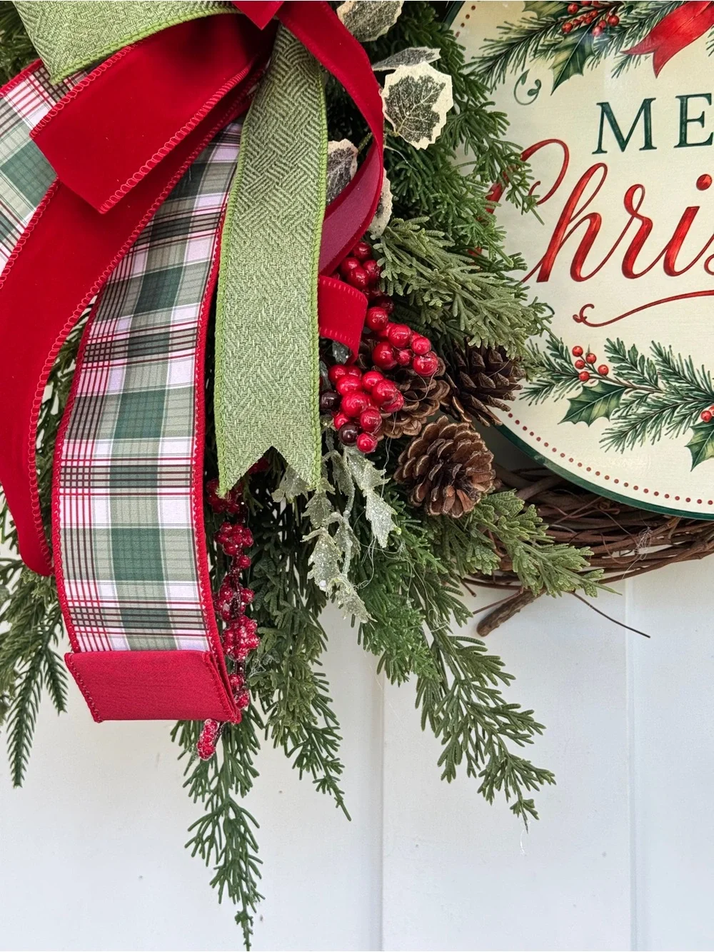 Traditional Cedar Christmas Wreath with Plaid Bow & Merry Christmas Sign